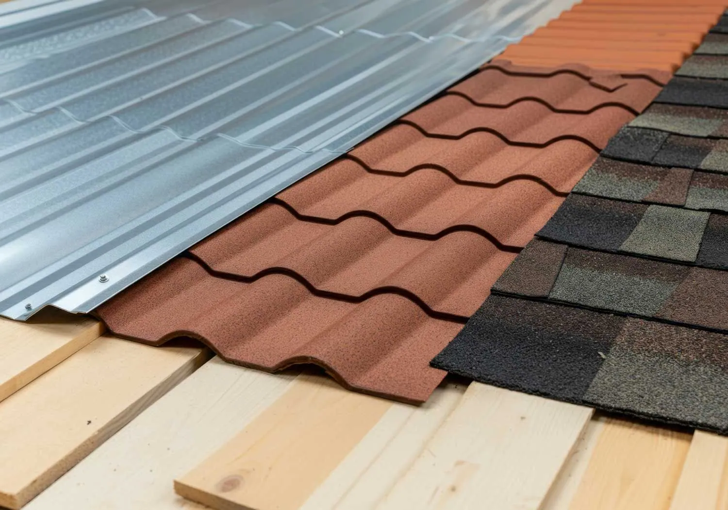 Close detail of layered shingle and metal roofing material